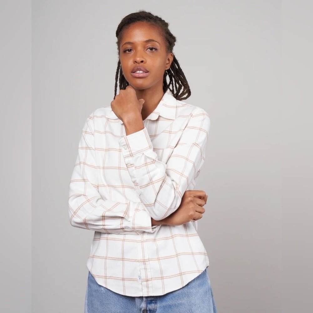Frank & Eileen Barry Woven Long Sleeve Button Up Shirt Camel Windowpane Women S